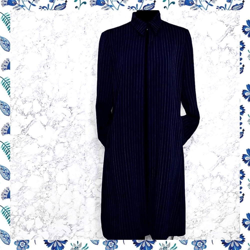 Harvé Benard 80s Pinstripe Trench Coat Womens 14 Navy Blue Open Front